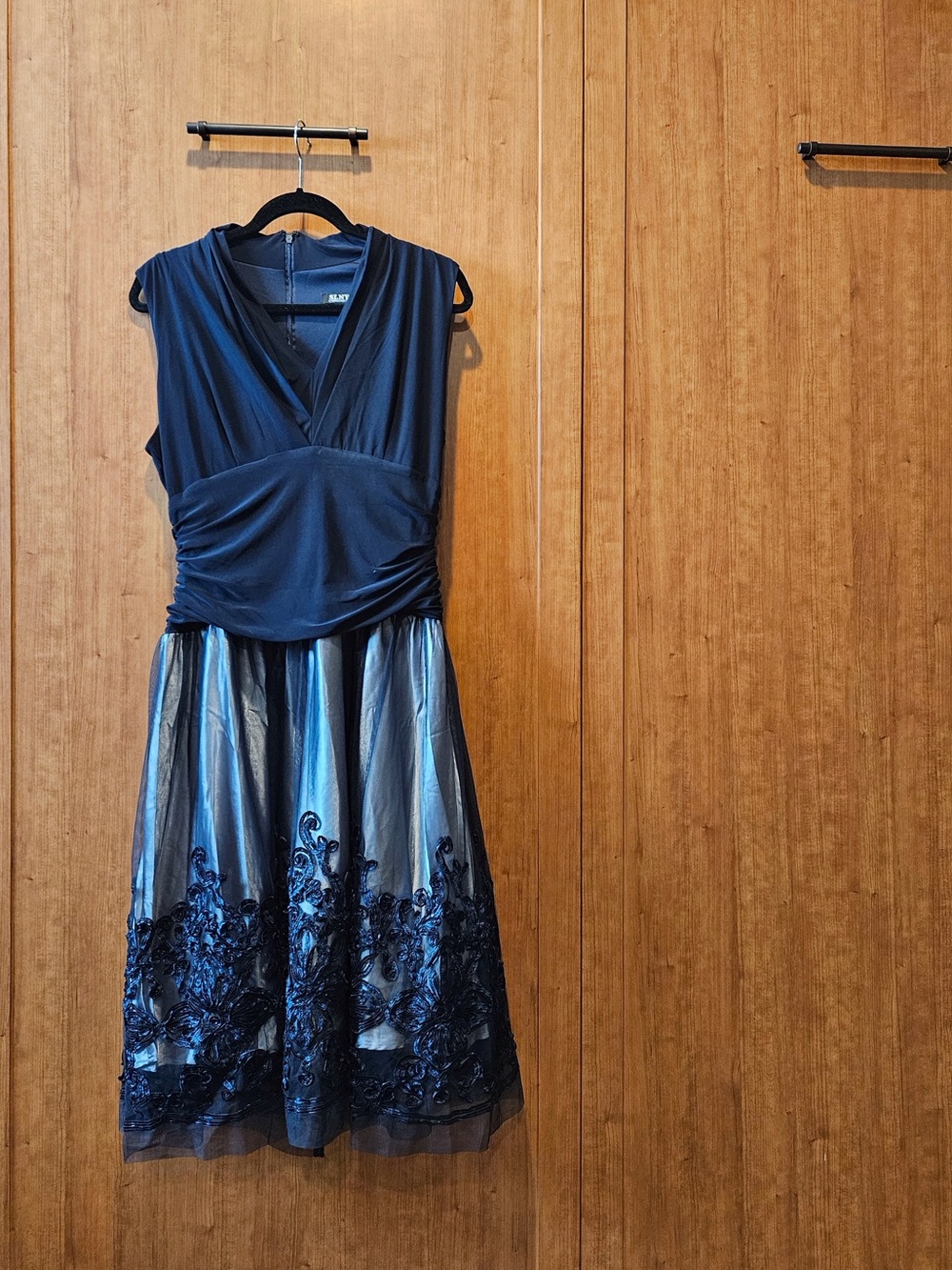SLNY Navy Sleeveless V-Neck Midi Dress with Embroidered Hem